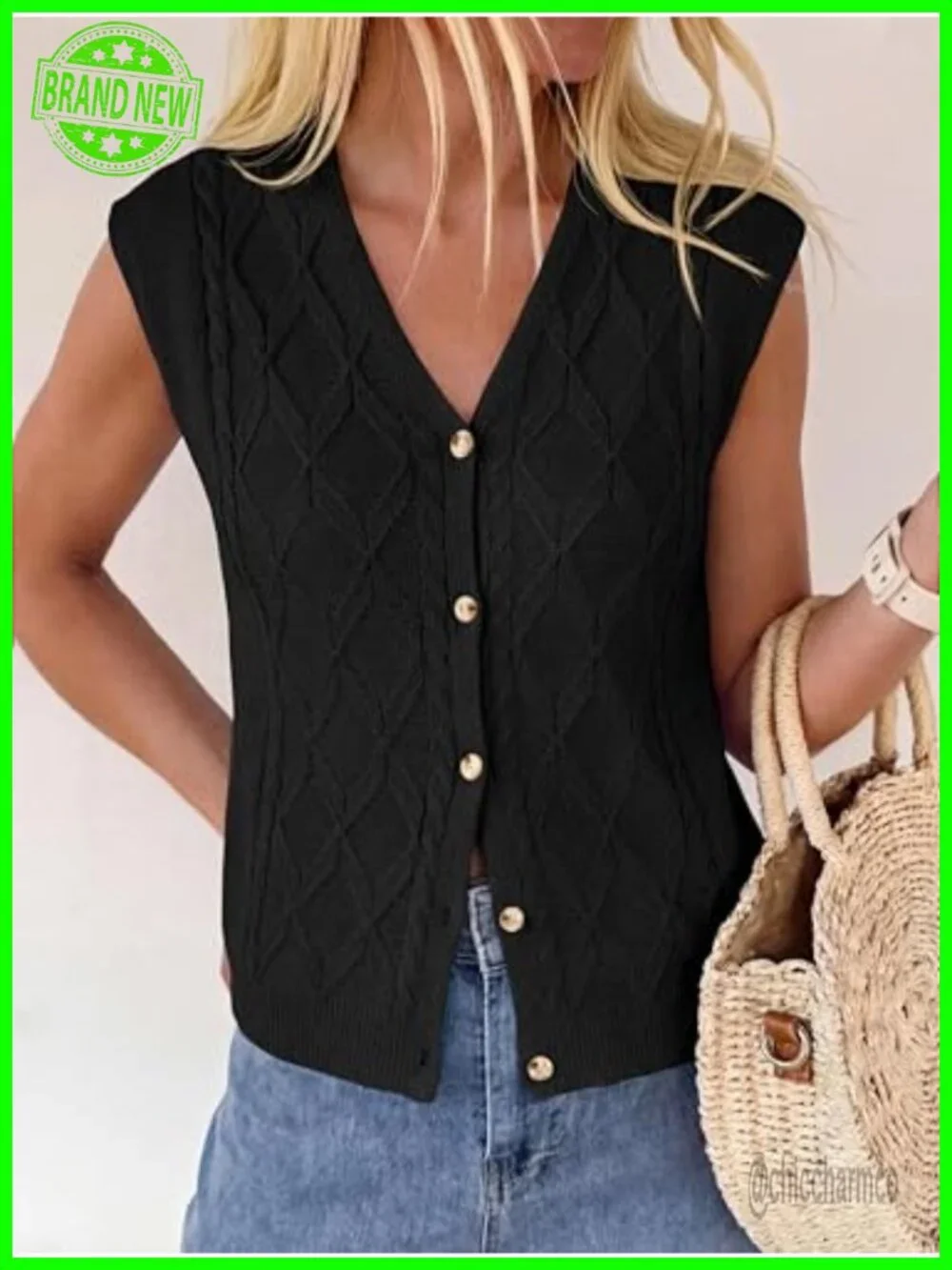 V-Neck Cap Sleeve Cable Knit Button Vest Sweater - Lightweight Loose Fit